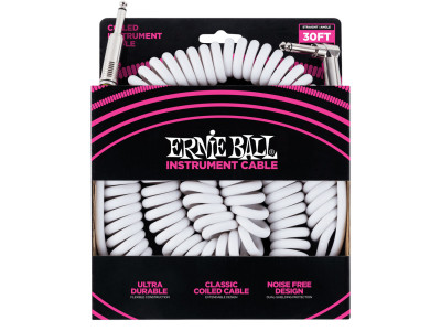 Ernie Ball P06045 Coiled Instrument Cable Straight/Angle 30ft - White 